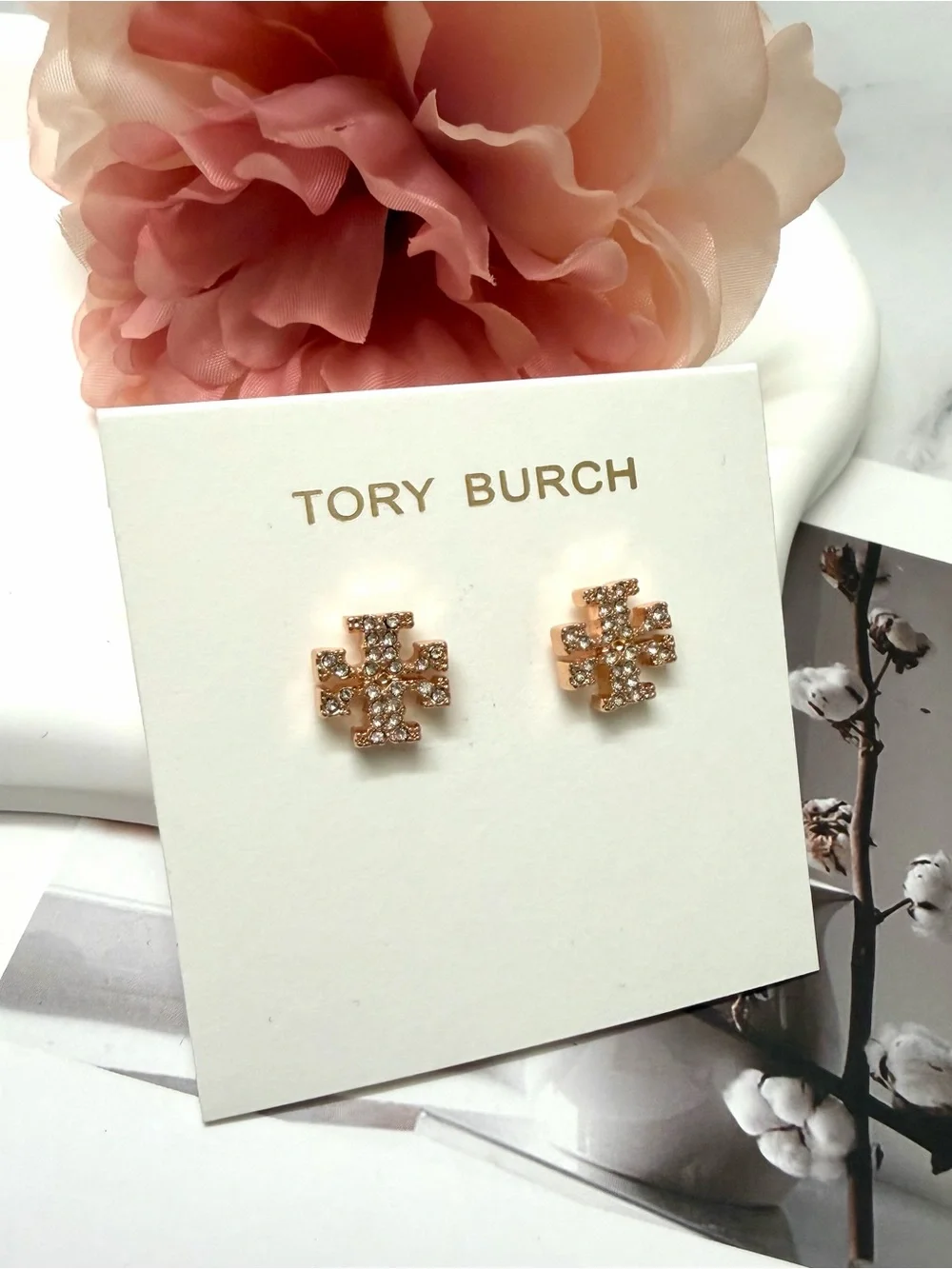 Tory Burch Rose Gold Crystal Logo Stud Earrings